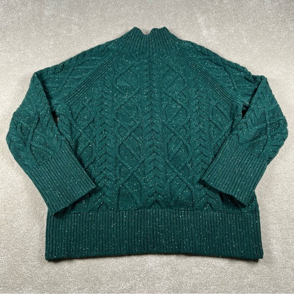 Talbots Sweater Cable Knit Mock Neck Green Speckled Cozy Casual Women's Medium - Picture 7 of 9